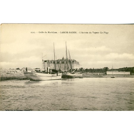 cp56-golfe-du-morbihan-lamor-baden-l-arrivee-du-vapeur-la-plage