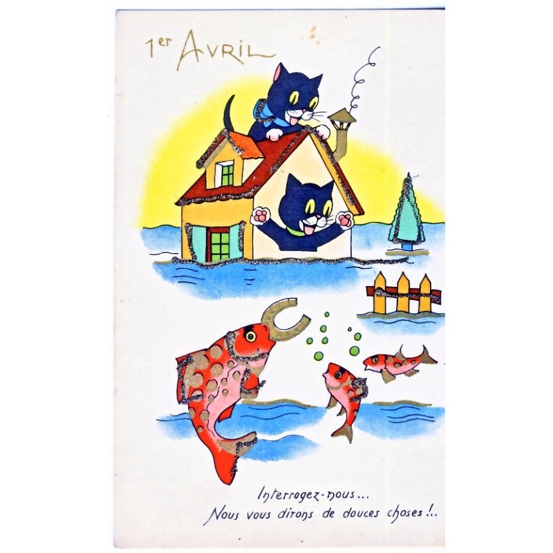 CARTE POSTALE 1er AVRIL AVEC CHATS HUMANISES ET POISSONS