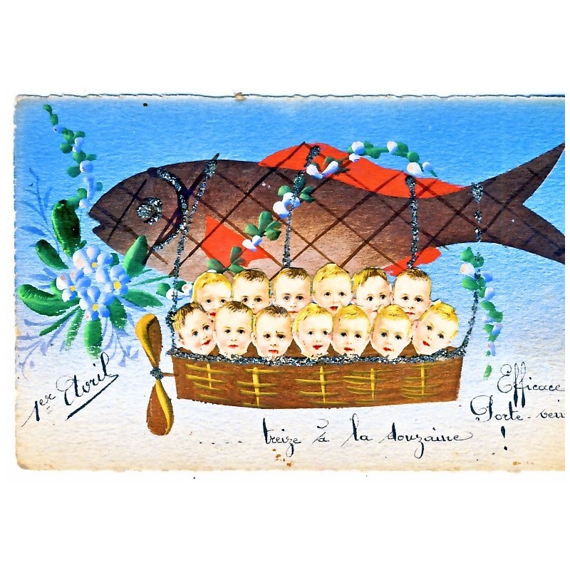 CARTE POSTALE 1er AVRIL AVEC COLLAGE DE BEBES EN RELIEF