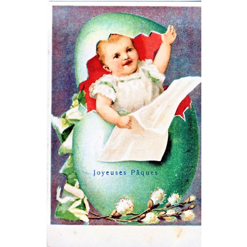 CARTE POSTALE JOYEUSES PAQUES BEBE SORTANT D'UN OEUF