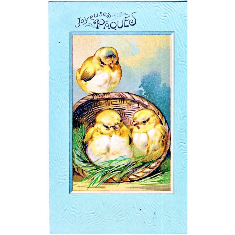 CARTE POSTALE GAUFREE JOYEUSES PAQUES  AVEC POUSSINS DANS LEUR NID