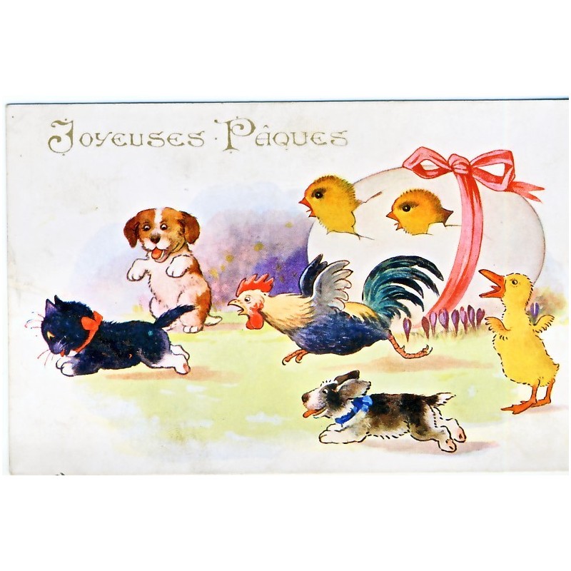 CARTE POSTALE JOYEUSES PAQUES AVEC CHAT, CHIENS, POULE, POUSSINS