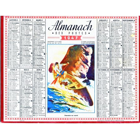 CALENDRIER ALMANACH 1947 DESCENTE EN CANOE