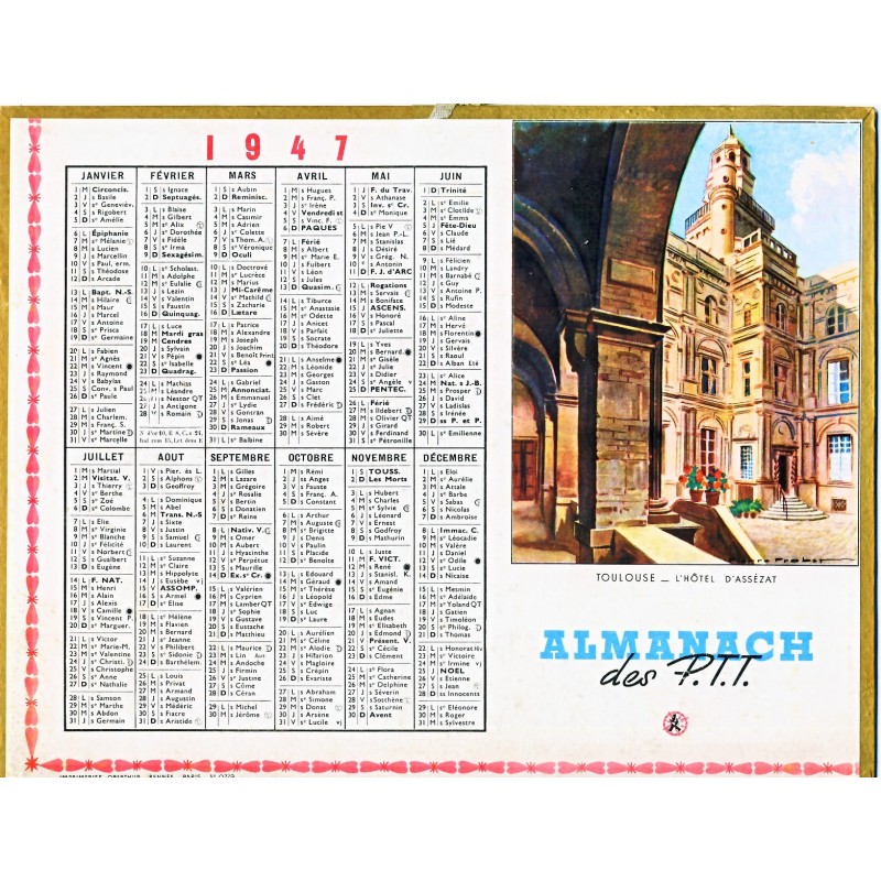 CALENDRIER ALMANACH 1947 TOULOUSE - L'HOTEL D'ASSEZAT