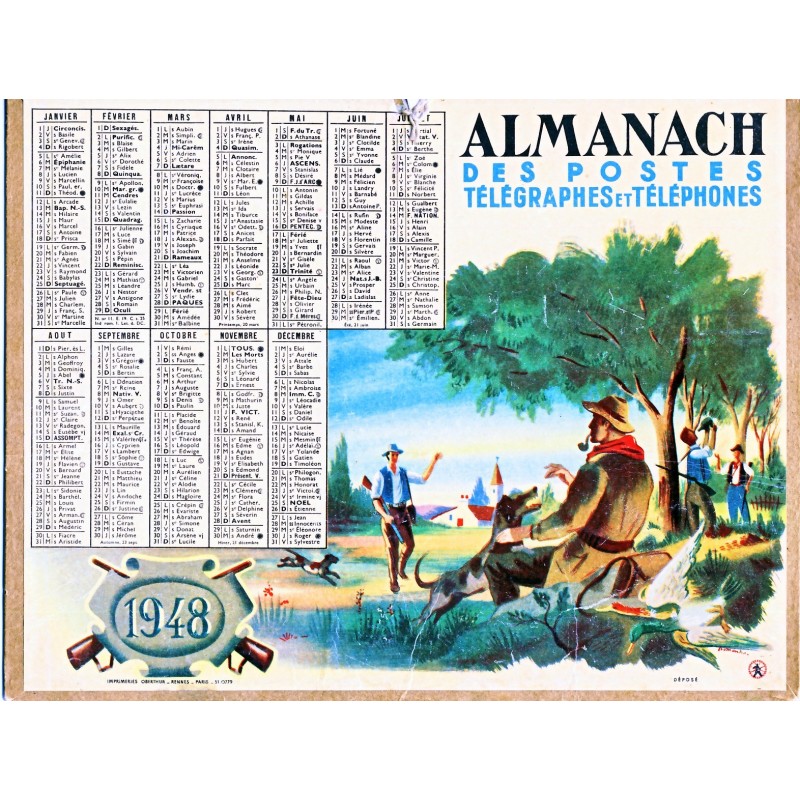 CALENDRIER ALMANACH 1948 SCENE DE CHASSE