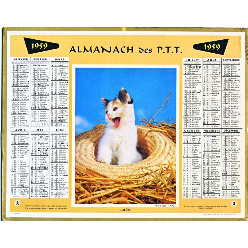 CALENDRIER ALMANACH 1959 CHAT EN COLERE