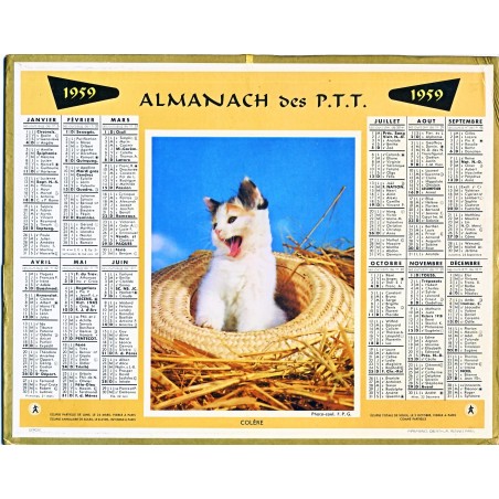 CALENDRIER ALMANACH 1959 CHAT EN COLERE