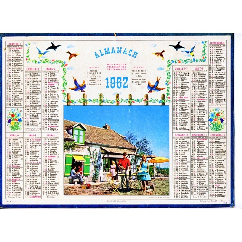 CALENDRIER ALMANACH 1962 HEUREUSE JEUNESE