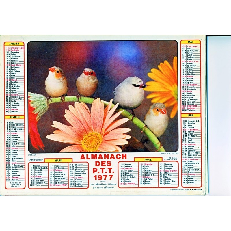CALENDRIER ALMANACH 1977 FRUITS ET FLEURS - OISEAUX