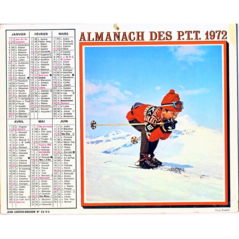 CALENDRIER ALMANACH 1972 JEUNE SKIEUR ET A LA PLAGE