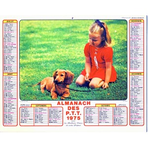 CALENDRIER ALMANACH 1975 NOEL ET FILLE ET CHIEN