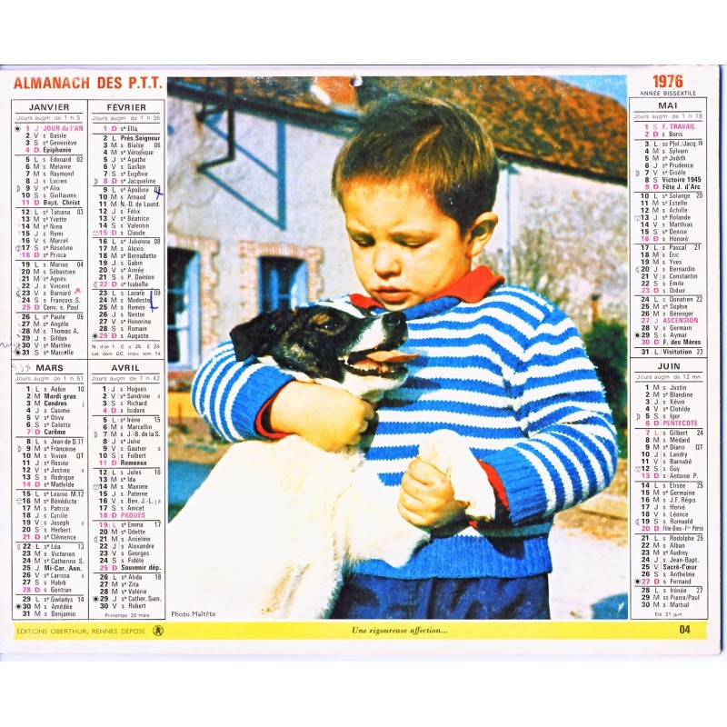 CALENDRIER ALMANACH 1976 ENFANT ET CHIEN - OSEAU