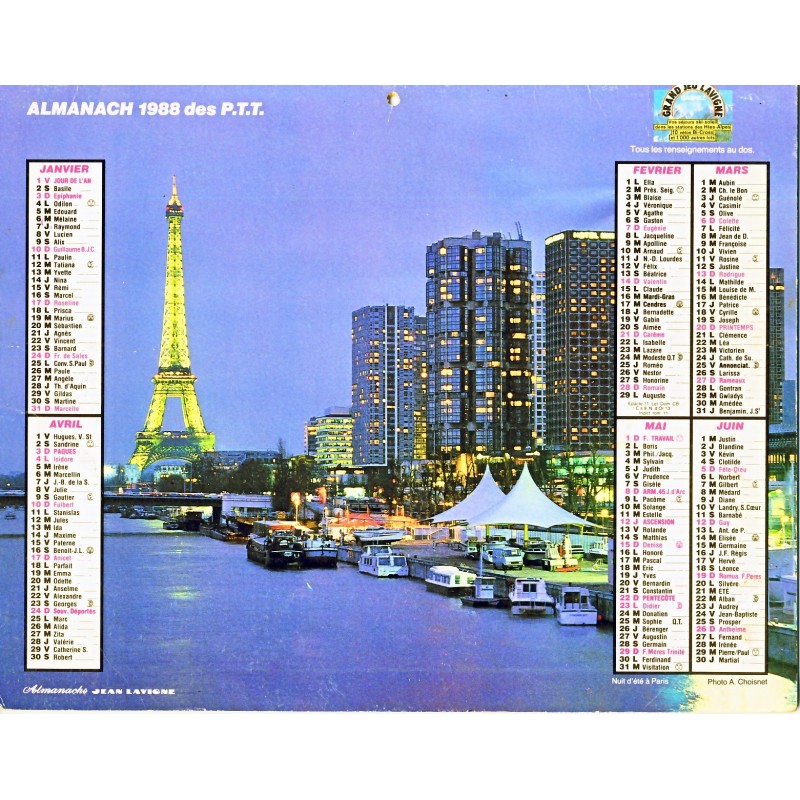 CALENDRIER ALMANACH 1988 PARIS