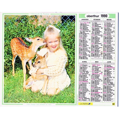 CALENDRIER ALMANACH 1990 FILLETTE ET FAONS - ENFANT ET POUSSINS