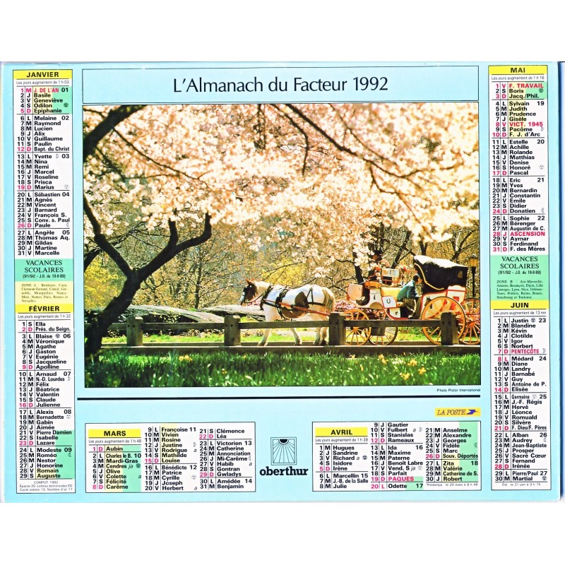 CALENDRIER ALMANACH 1992 CALECHE ET SOUS-BOIS EN AUTOMNE