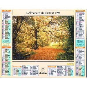 CALENDRIER ALMANACH 1992 CALECHE ET SOUS-BOIS EN AUTOMNE