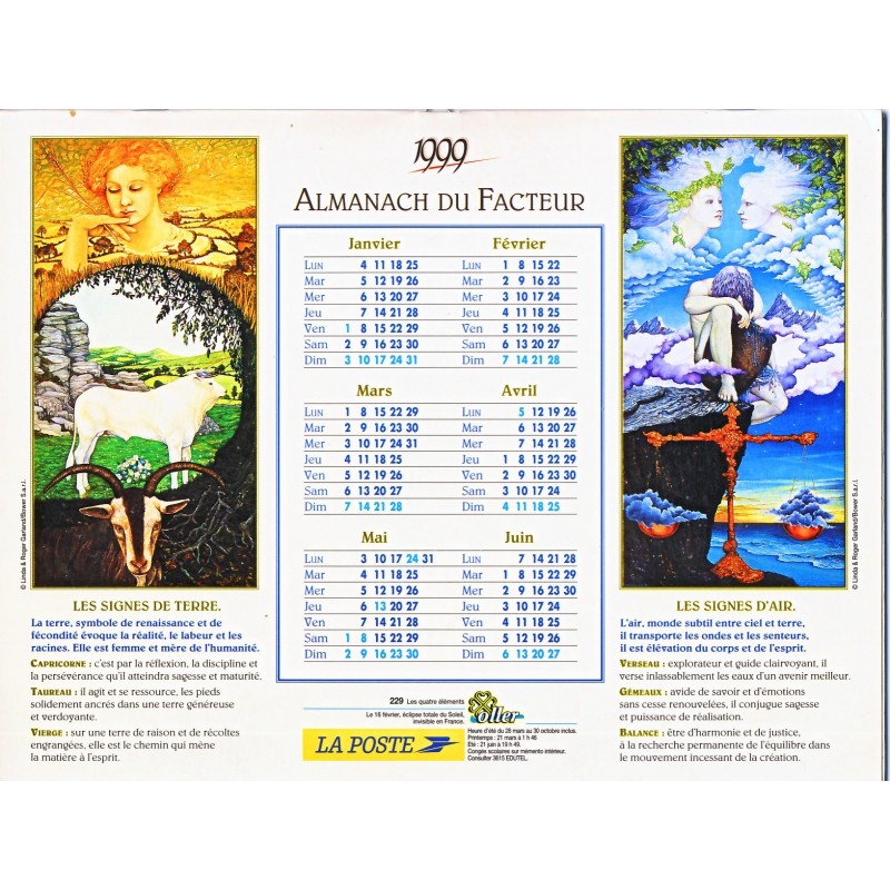 CALENDRIER ALMANACH 1999 LES SIGNES DU ZODIAQUE