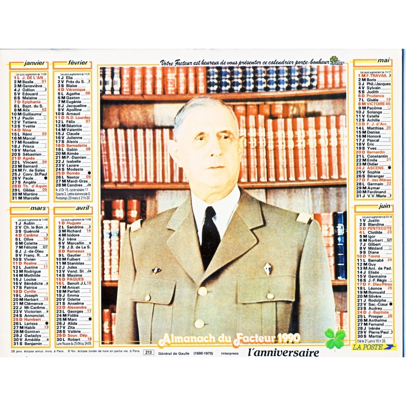 CALENDRIER ALMANACH 1990 GENERAL DE GAULLE