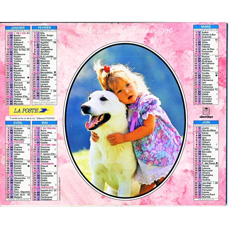 CALENDRIER ALMANACH 1996 FILLETTE, LAPIN ET CHIEN