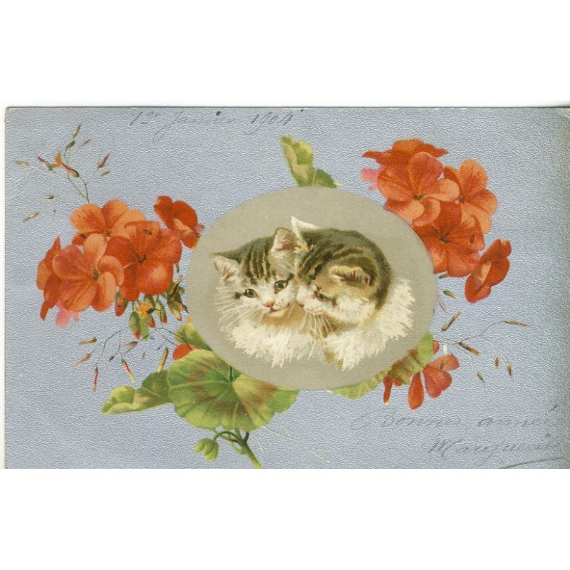 CARTE POSTALE ANCIENNE CHAT ET FLEURS