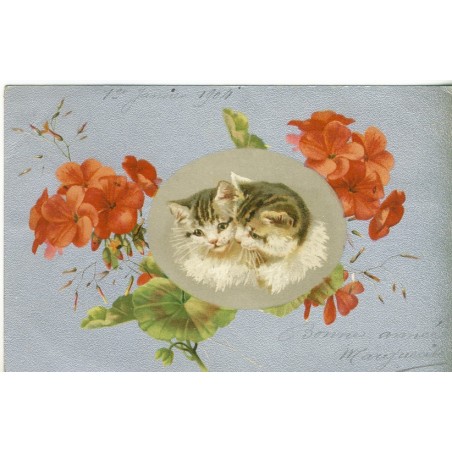 CARTE POSTALE ANCIENNE CHAT ET FLEURS