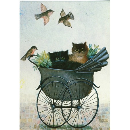 CARTE POSTALE CHATS DANS LANDAU AVEC OISEAUX