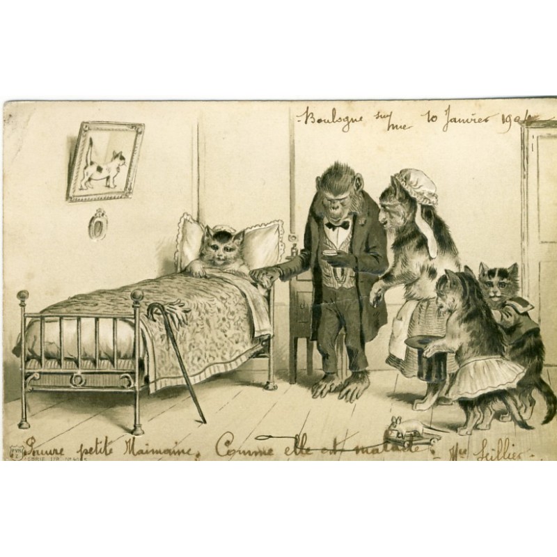 CARTE POSTALE ANCIENNE GAUFREE CHATS HUMANISES