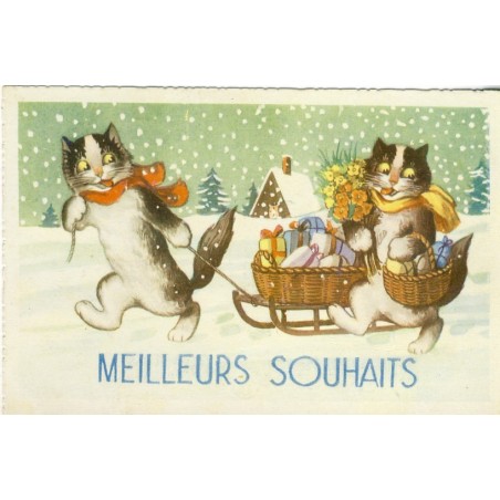 CARTE POSTALE CHATS HUMANISES MEILLEURS SOUHAITS