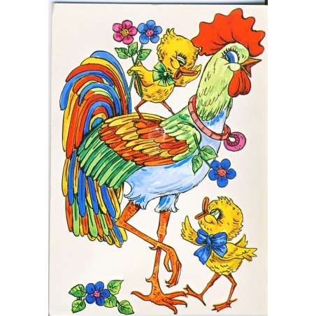 CARTE POSTALE MUSICALE (POUET-POUET) COQ ET POUSSINS