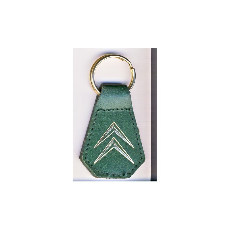 PORTE CLES CITROEN CHEVRONS OR SUR CUIR VERT