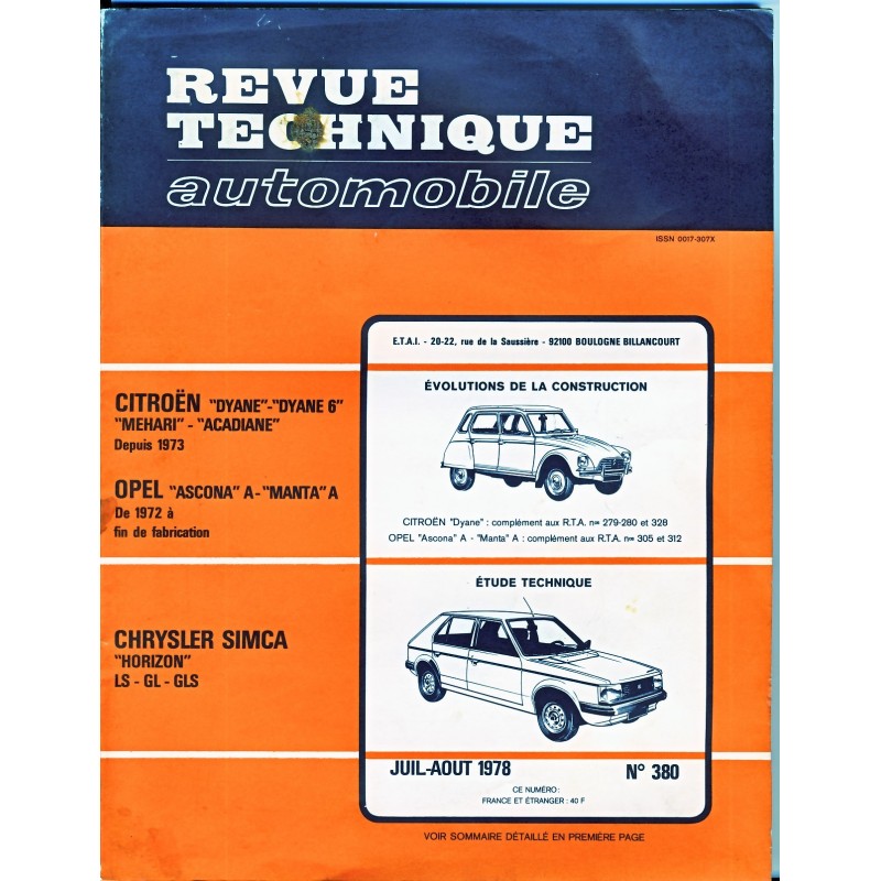 REVUE TECHNIQUE AUTOMOBILE JUI-AOUT 1978 N° 380