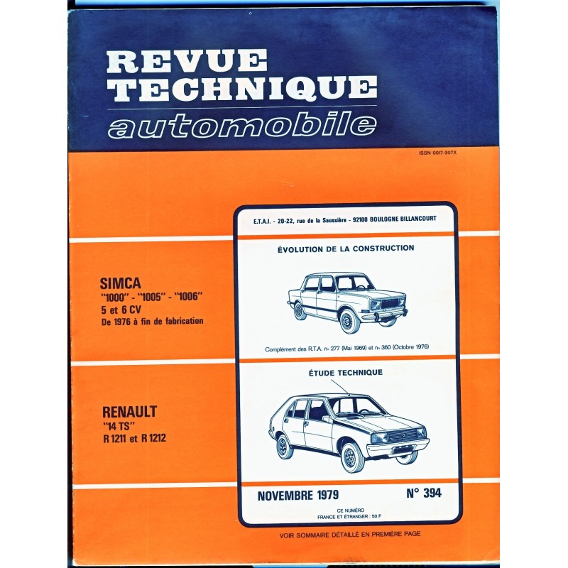 REVUE TECHNIQUE AUTOMOBILE NOVEMBRE 1979 N° 394