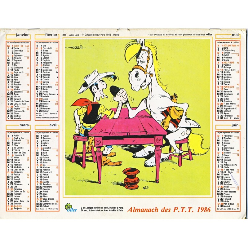 CALENDRIER ALMANACH DES PTT 1986 - LUCKY LUKE