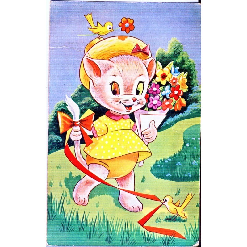 CARTE POSTALE A SYSTEME MUSICAL (POUET-POUET) CHAT ET OISEAUX