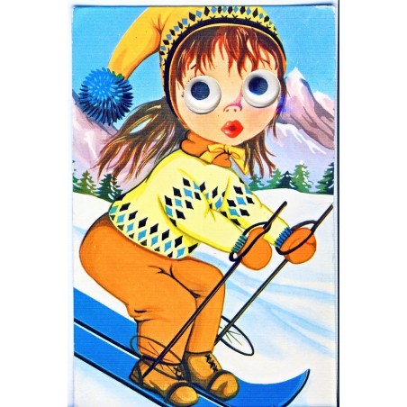 CARTE POSTALE A SYSTEME -FILLETTE A SKI  AVEC LES YEUX QUI BOUGENT