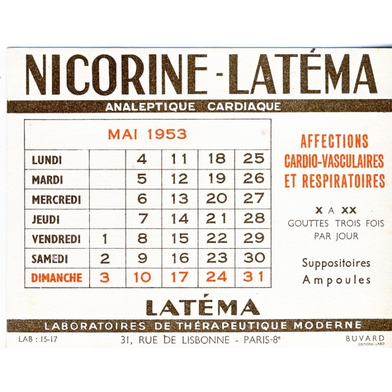 BUVARD NICORINE LATEMA - CALENDRIER MAI 1953