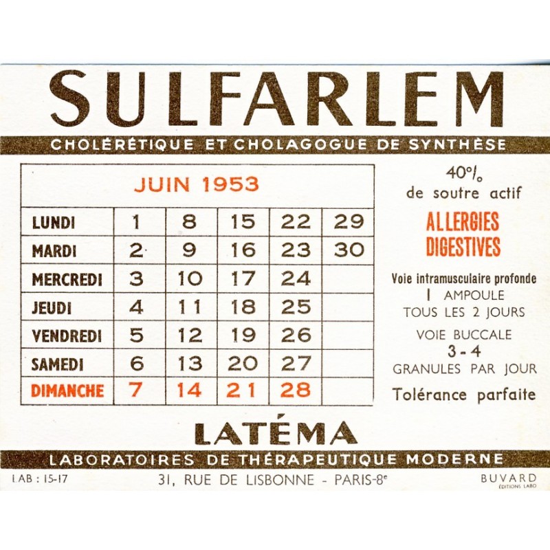 BUVARD NICORINE LATEMA - CALENDRIER JUIN 1953