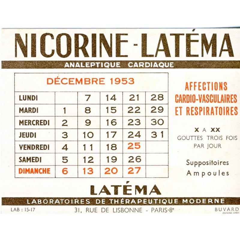 BUVARD NICORINE LATEMA - CALENDRIER DECEMBRE 1953