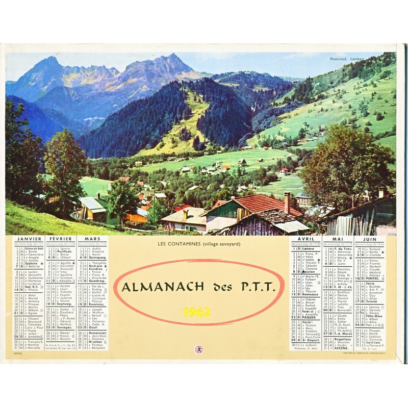 CALENDRIER ALMANACH DES PTT 1962 - LES CONTAMINES - VOILIERS SUR LE LAC