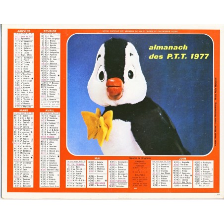 CALENDRIER ALMANACH DES PTT 1977 - NESTOR LE PINGOUIN