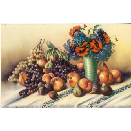 CARTE POSTALE FRUITS ET FLEURS - FIGUES, PECHES ET RAISINS