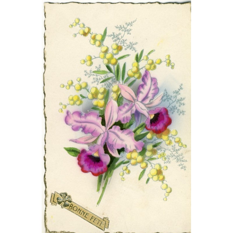 CARTE POSTALE BOUQUET ORCHIDEE ET MIMOSA