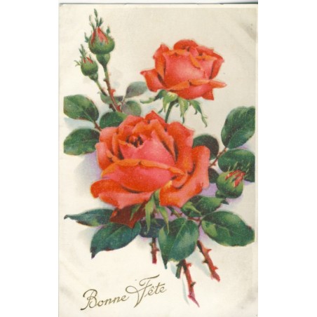 CARTE POSTALE PERLEE DEUX ROSES ET TROIS BOUTONS