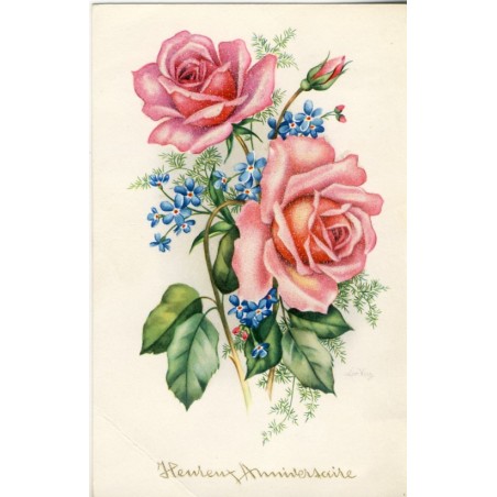 CARTE POSTALE PERLEE DEUX ROSES ET DU MYOSOTIS