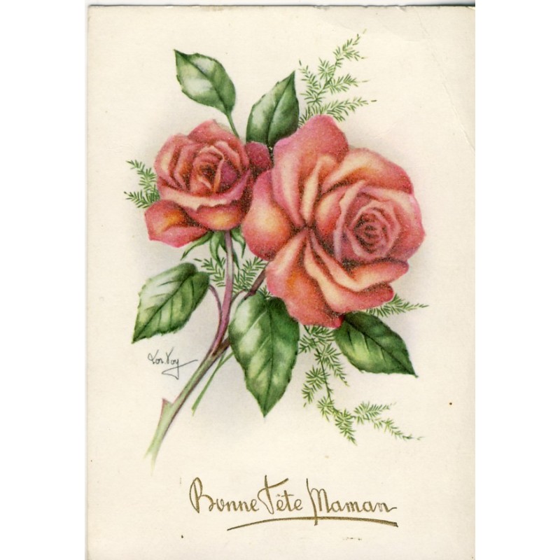 CARTE POSTALE PERLEE DEUX ROSES