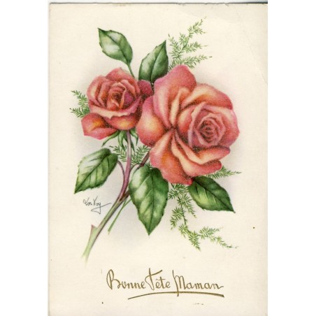 CARTE POSTALE PERLEE DEUX ROSES