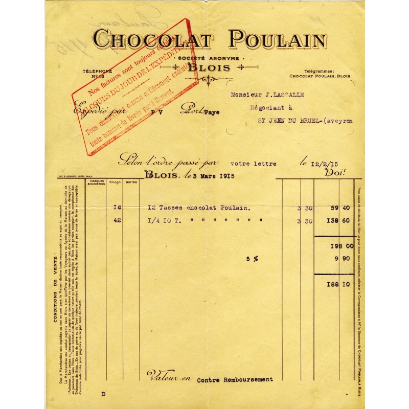 FACTURE CHOCOLAT POULAIN - BLOIS