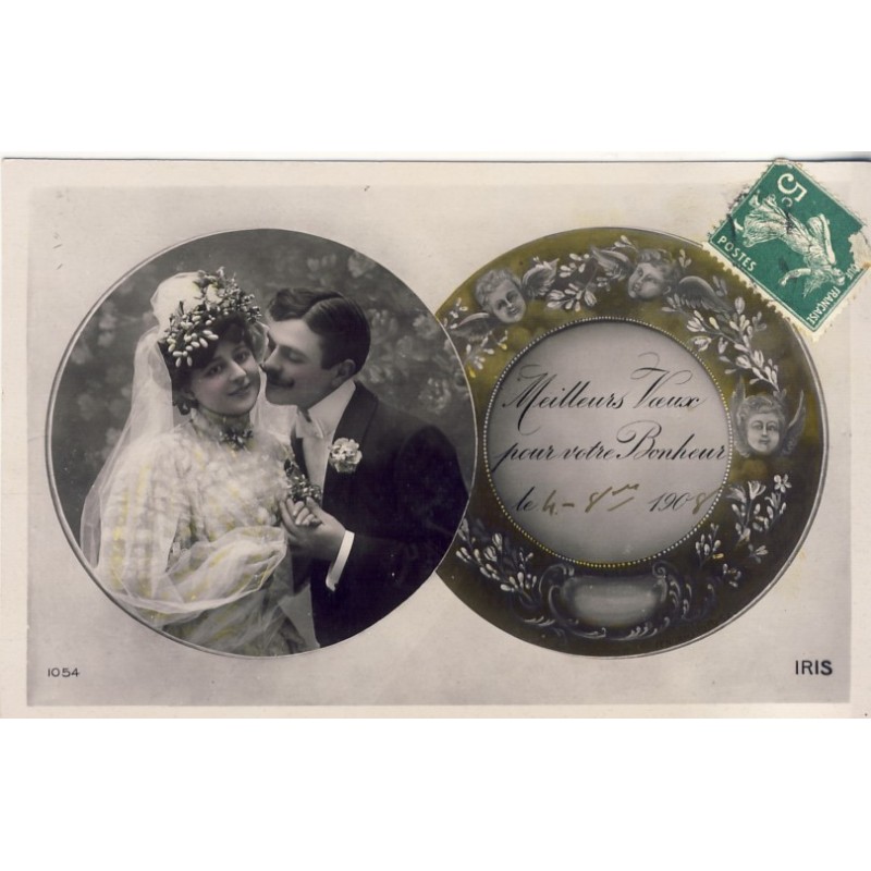 CARTE POSTALE MARIAGE - MEILLEURS VOEUX POUR VOTRE BONHEUR﻿ LE 4-8-1908