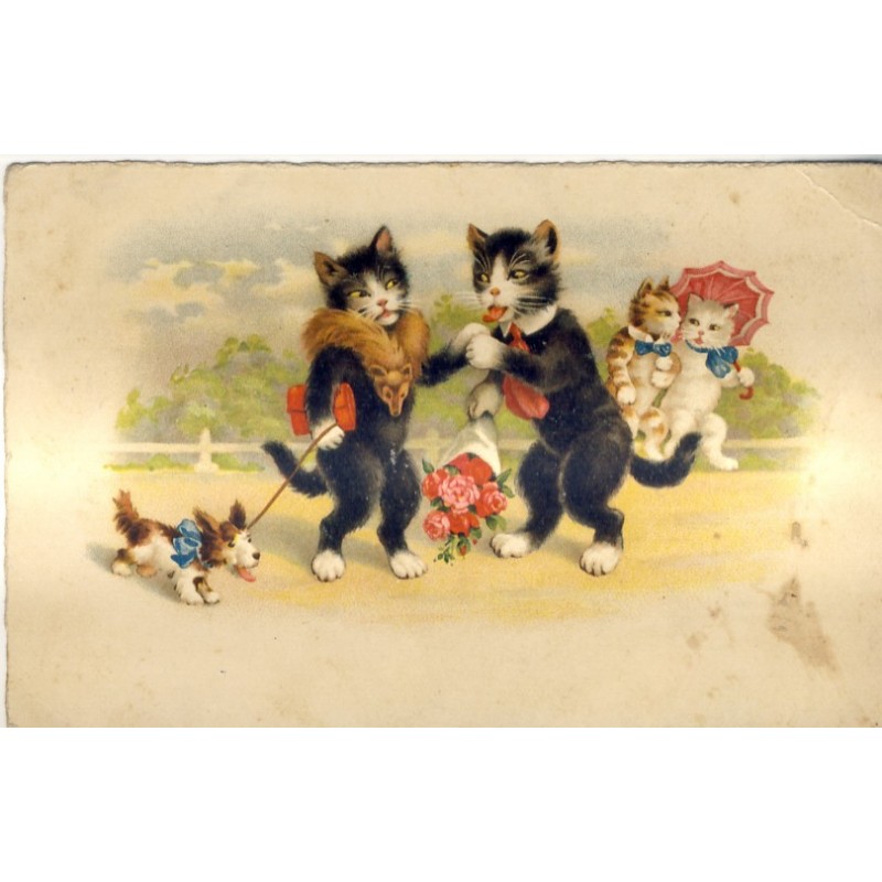 CARTE POSTALE CHATS HUMANISES - LE BAISE-MAIN