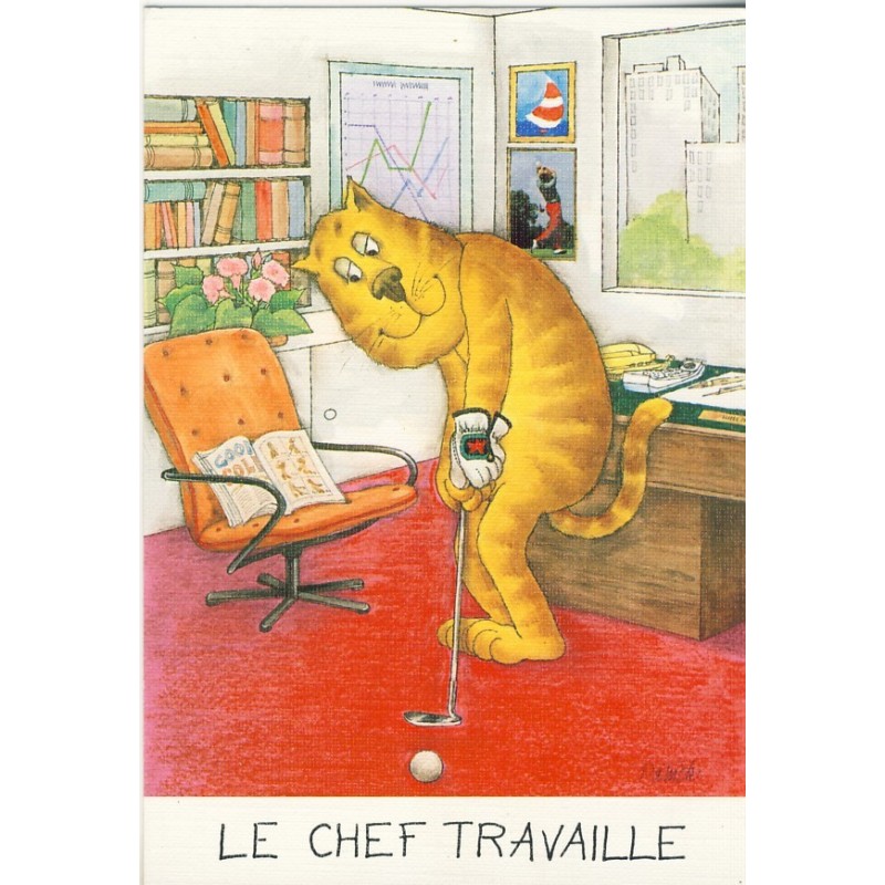 CARTE POSTALE CHATS HUMANISES - LE GOLFEUR.  LE CHEF TRAVAILLE